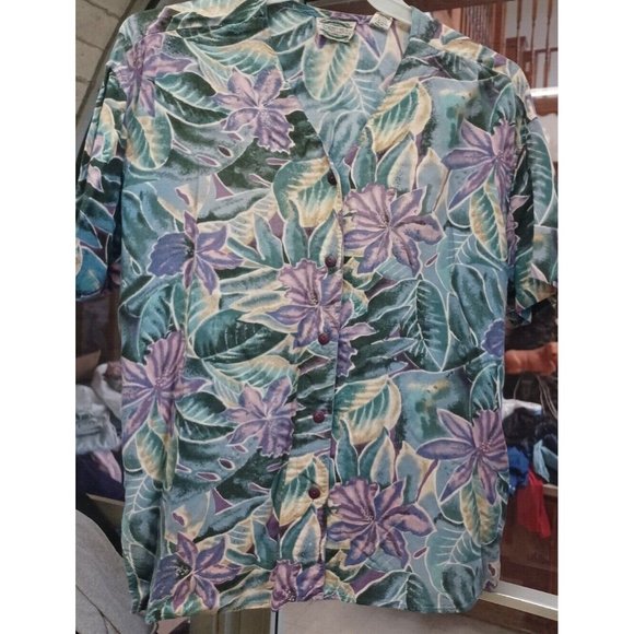 Vintage Womans Hawaiian Print blouse SS L Purple/Green Separate Issue - Picture 1 of 2